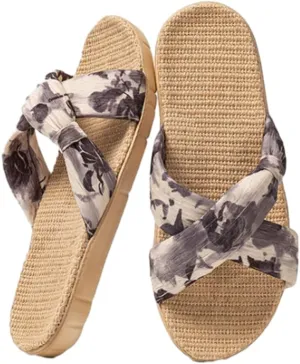 Linen Slippers for Women Fashion Cross Band Open Toe Slip on Bedroom House Slides Summer Indoor Comfy Soft Silent Home Shoes Sandals