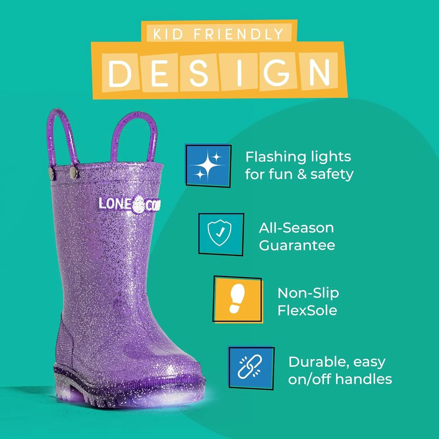 Lone Cone Kids Rain Boots for Girls & Boys – Waterproof Natural Rubber Toddler Rain Boots with Non-Slip Outsole & Easy Pull Handles – Solid, Pattern & Glitter Designs