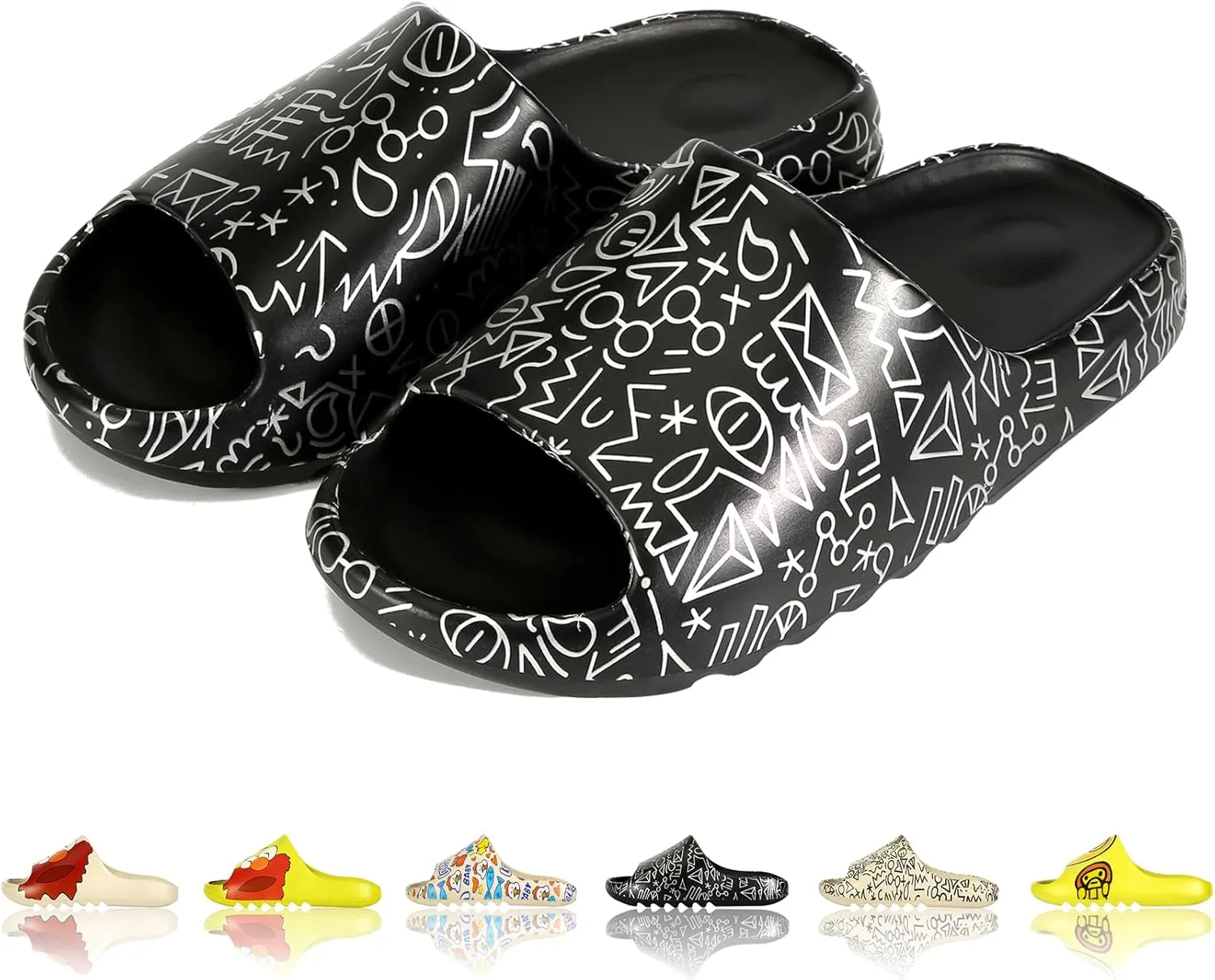 Men Women Cloud Cushion Slides EVA Pillow Slippers Cute Cartoon Print Non-Slip Shower Sandals Open Toe for Bathroom House Spa Gym Home Soft Comfy Shoes