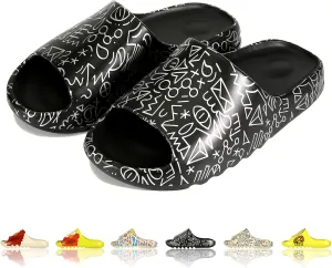Men Women Cloud Cushion Slides EVA Pillow Slippers Cute Cartoon Print Non-Slip Shower Sandals Open Toe for Bathroom House Spa Gym Home Soft Comfy Shoes