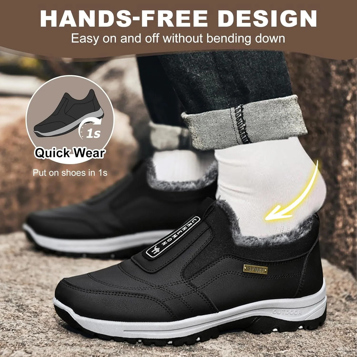 Mens Slip on Walking Shoes,Winter Orthopedic Shoes Waterproof Low Rise Hiking Shoes Non-Slip Lightweight Orthopedic Trekking Hiking Men Outdoor Trainers,Black,47EU