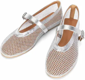 MICIFA Women's Mesh Ballet Flats Fishnet Ballerina Flats Buckle Strap Mary Jane Flats Causal Daily Dress Shoes
