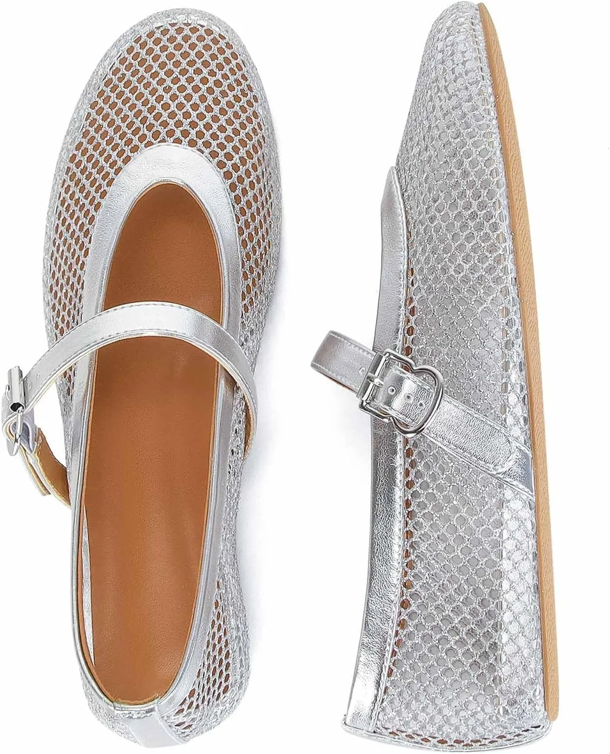 MICIFA Women's Mesh Ballet Flats Fishnet Ballerina Flats Buckle Strap Mary Jane Flats Causal Daily Dress Shoes