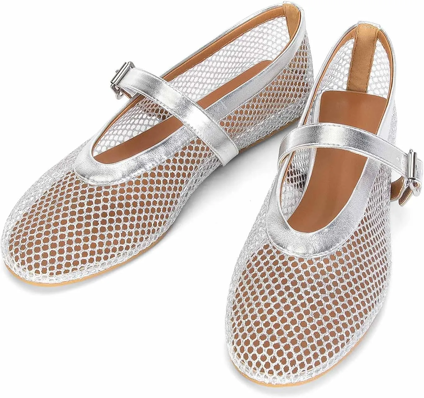 MICIFA Women's Mesh Ballet Flats Fishnet Ballerina Flats Buckle Strap Mary Jane Flats Causal Daily Dress Shoes