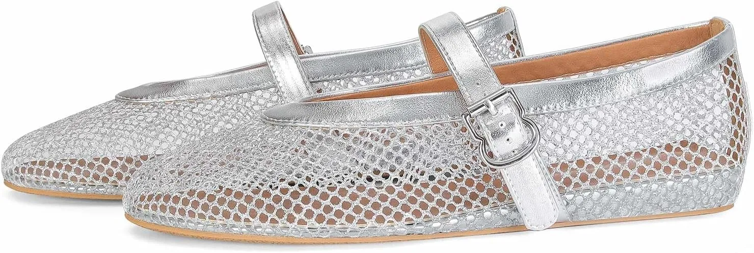 MICIFA Women's Mesh Ballet Flats Fishnet Ballerina Flats Buckle Strap Mary Jane Flats Causal Daily Dress Shoes