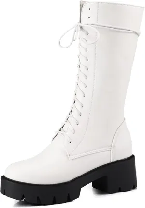 MIOKE Women's Round Toe Lace Up Dressy Boots Mid Wide Calf Platform Chunky Mid Heel Western Riding Boots