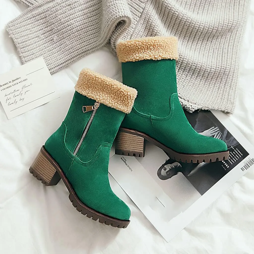 MIOKE Women's Winter Warm Fur Ankle Boots Buckle Platform Chunky Stacked Mid Heel Dressy Snow Short Booties