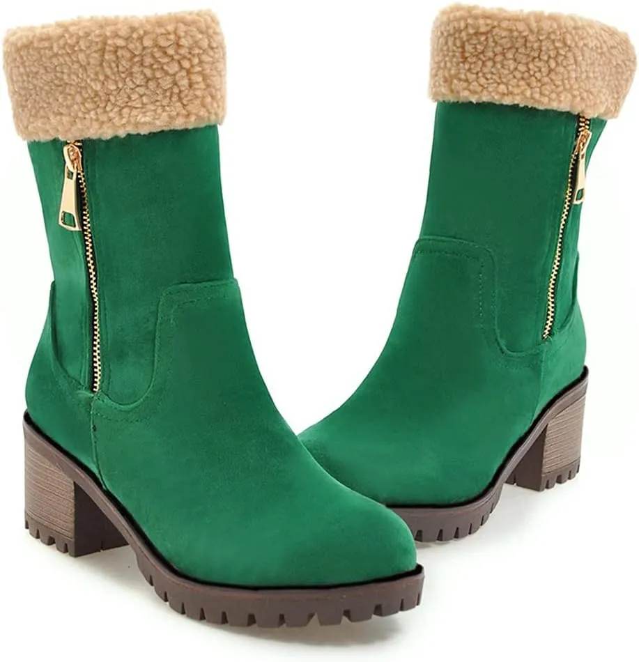 MIOKE Women's Winter Warm Fur Ankle Boots Buckle Platform Chunky Stacked Mid Heel Dressy Snow Short Booties
