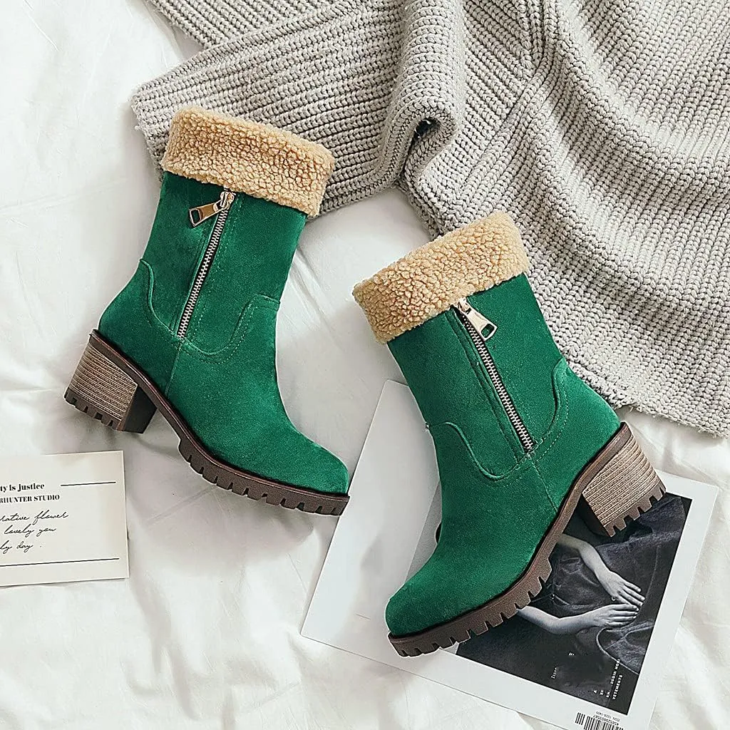 MIOKE Women's Winter Warm Fur Ankle Boots Buckle Platform Chunky Stacked Mid Heel Dressy Snow Short Booties