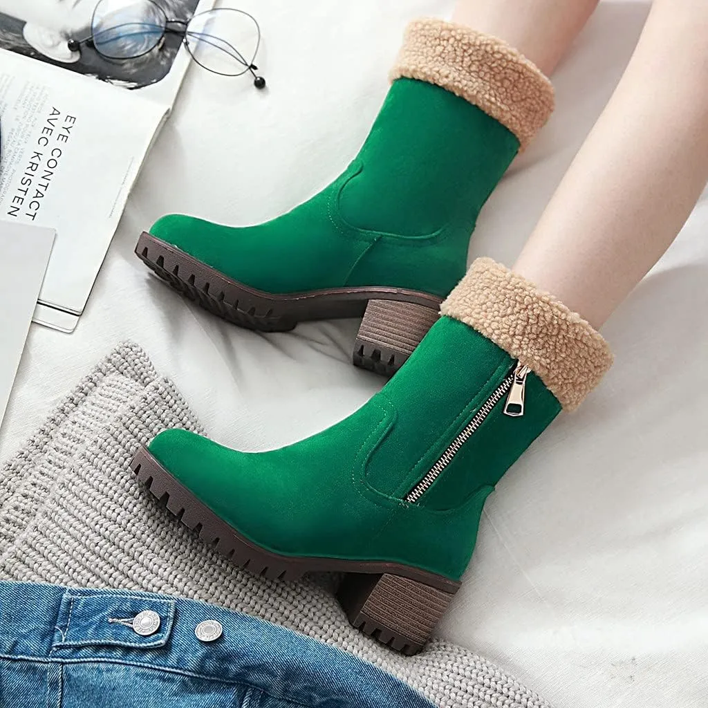 MIOKE Women's Winter Warm Fur Ankle Boots Buckle Platform Chunky Stacked Mid Heel Dressy Snow Short Booties