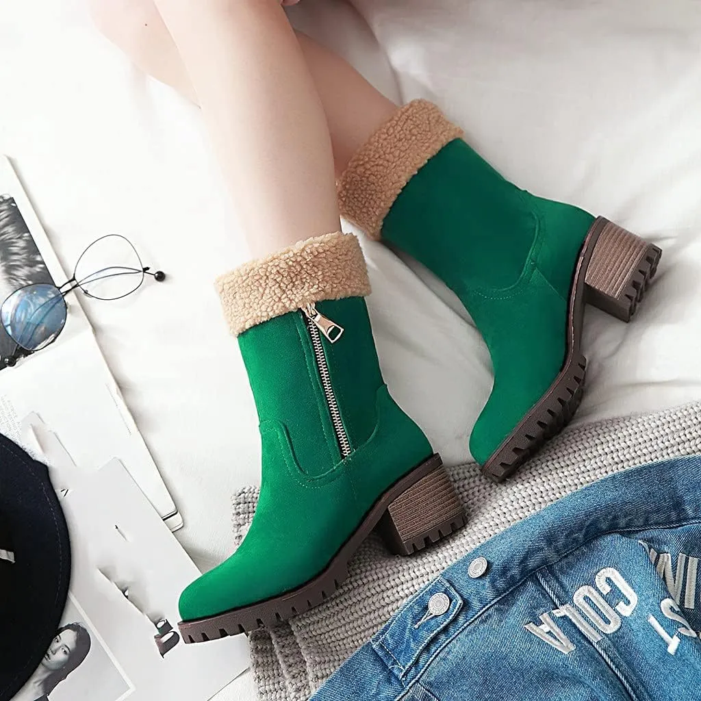 MIOKE Women's Winter Warm Fur Ankle Boots Buckle Platform Chunky Stacked Mid Heel Dressy Snow Short Booties