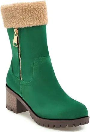 MIOKE Women's Winter Warm Fur Ankle Boots Buckle Platform Chunky Stacked Mid Heel Dressy Snow Short Booties