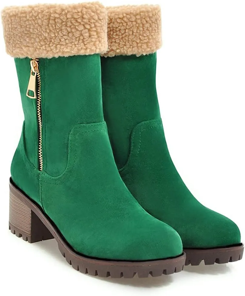 MIOKE Women's Winter Warm Fur Ankle Boots Buckle Platform Chunky Stacked Mid Heel Dressy Snow Short Booties