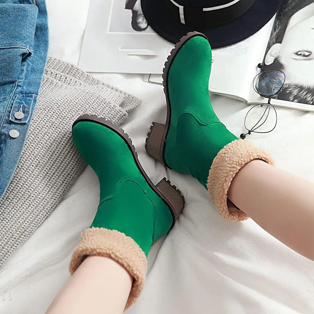 MIOKE Women's Winter Warm Fur Ankle Boots Buckle Platform Chunky Stacked Mid Heel Dressy Snow Short Booties