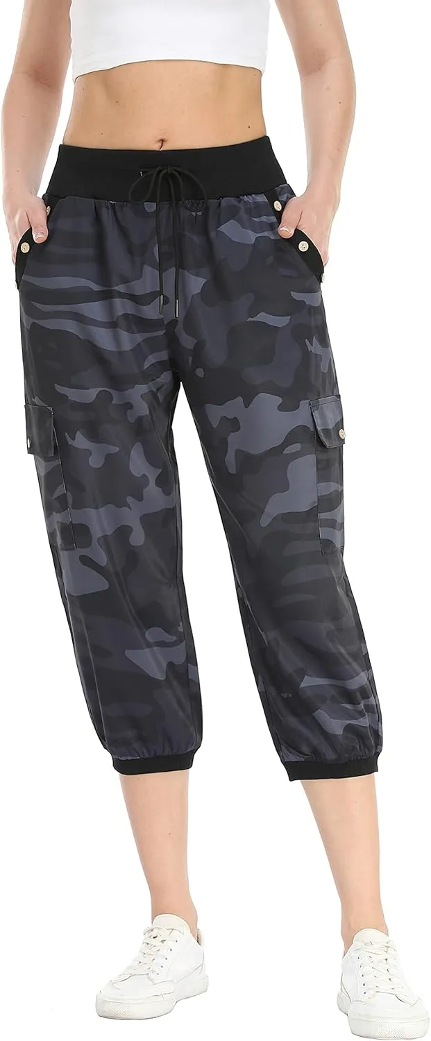 MISS MOLY Women's Cargo Capris Travel Pants Button Decor Summer Loose Harem Sweatpants Stylish Soft with Pockets