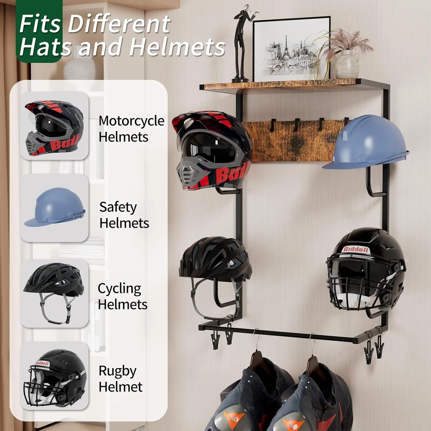 Motorcycle Helmet Holder Wall-Mounted Helmet Rack with 4 Glove Chips& Hooks - Rustic Bike Helmets Storage Organizer, Universal Wall Mount for Helmets, Gear, Clothes, Accessories，Retro