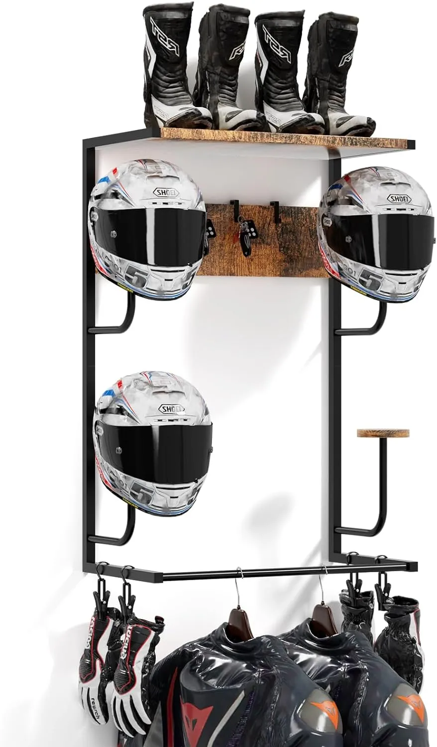 Motorcycle Helmet Holder Wall-Mounted Helmet Rack with 4 Glove Chips& Hooks - Rustic Bike Helmets Storage Organizer, Universal Wall Mount for Helmets, Gear, Clothes, Accessories，Retro