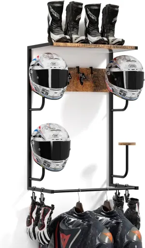 Motorcycle Helmet Holder Wall-Mounted Helmet Rack with 4 Glove Chips& Hooks - Rustic Bike Helmets Storage Organizer, Universal Wall Mount for Helmets, Gear, Clothes, Accessories，Retro