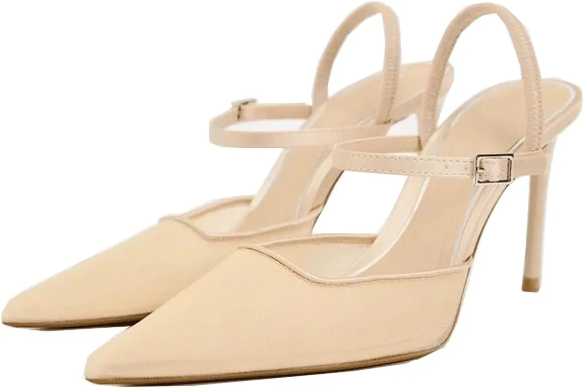 MRKEWUNEY Fashion Mesh Slingback Pumps Shoes for Women Ankle Strap Pointed Toe Pumps
