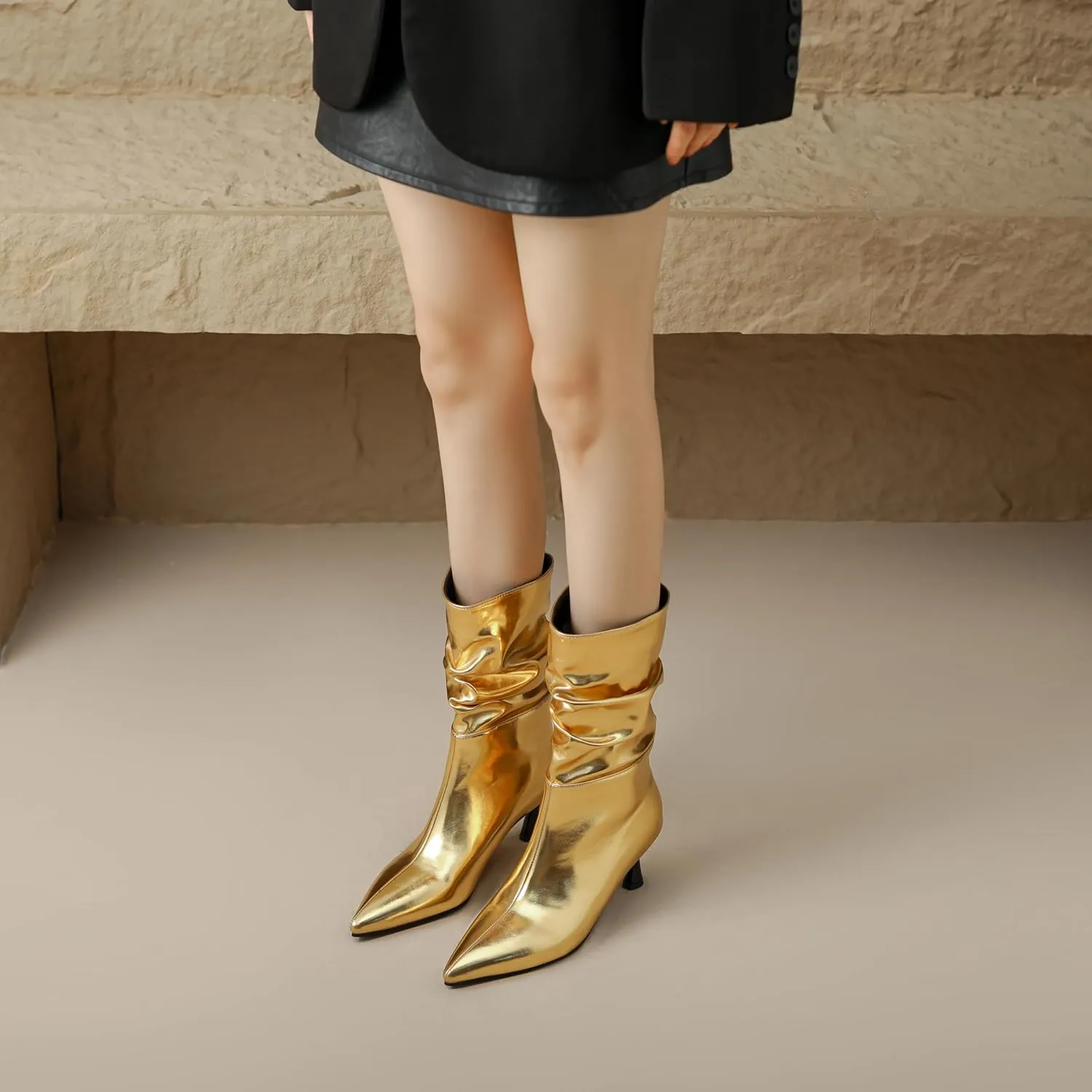 MRKEWUNEY Fashion Slouch Mid Calf Boots for Women