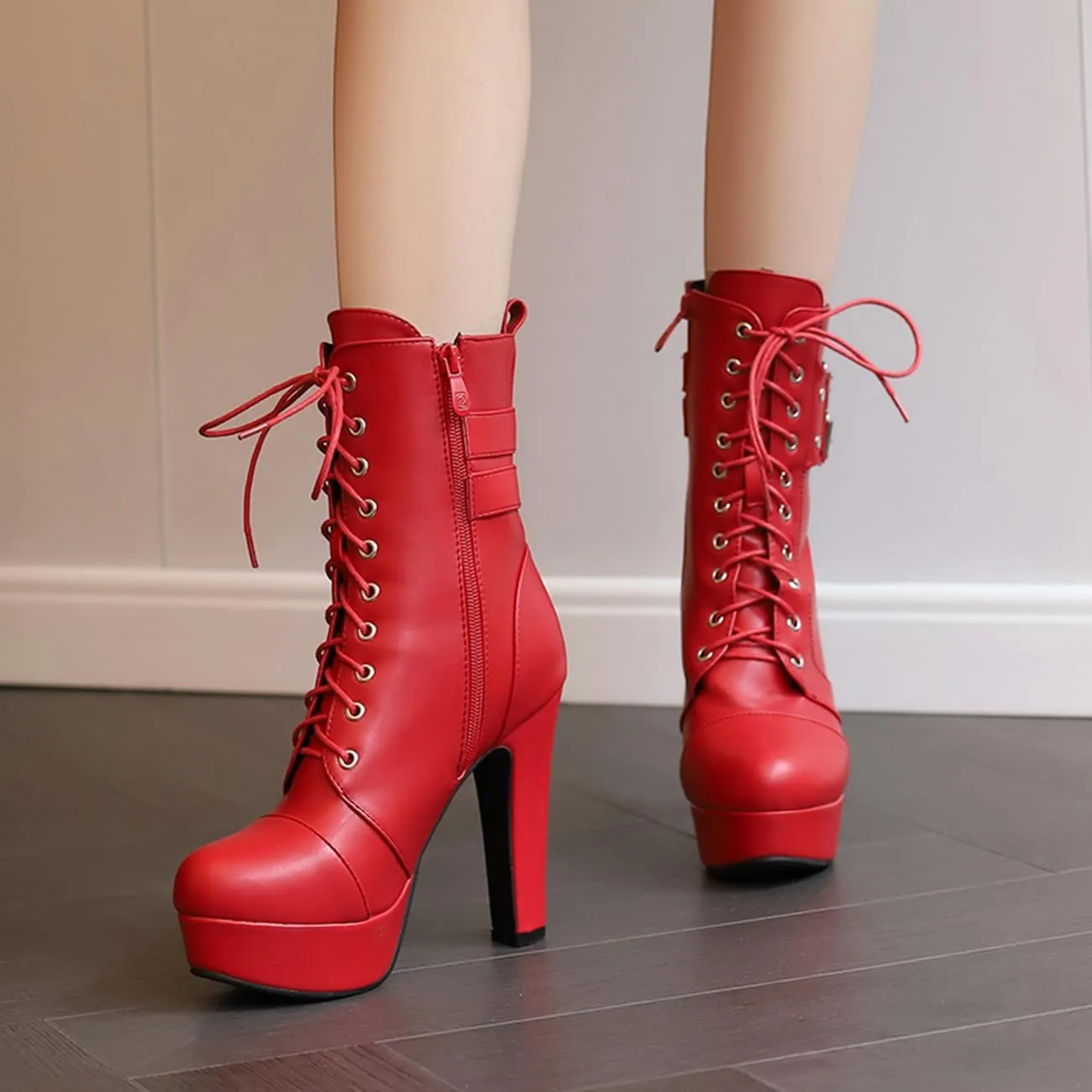 MRKEWUNEY Fashion Womens Chunky High Heels Ankle Boots Lace up Platform Heels Booties