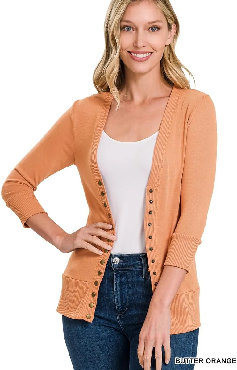 NE PEOPLE Women’s Cardigan Sweater – Classic 3/4 Sleeve Snap Button Down Ribbed Hem Knit Lightweight Knitted Top