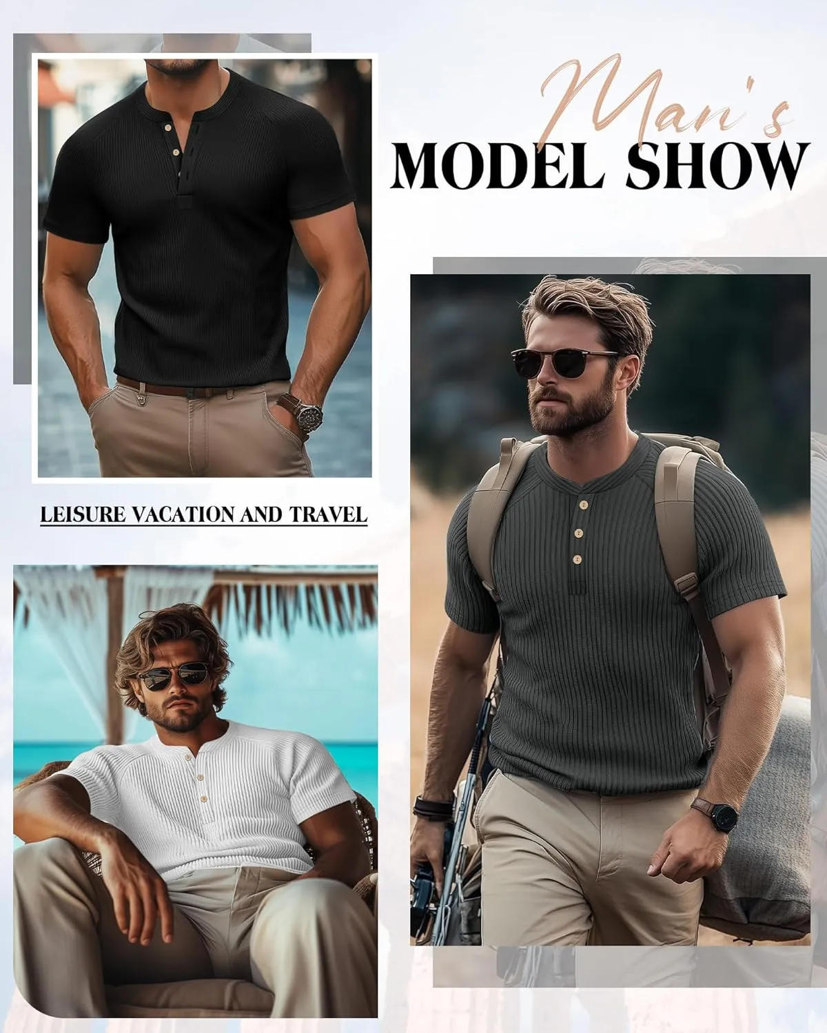 Neer 3 Pack Men's Ribbed Henley Shirts Short Sleeve Raglan Casual T-Shirts Classic Summer Button Placket Muscle Tees