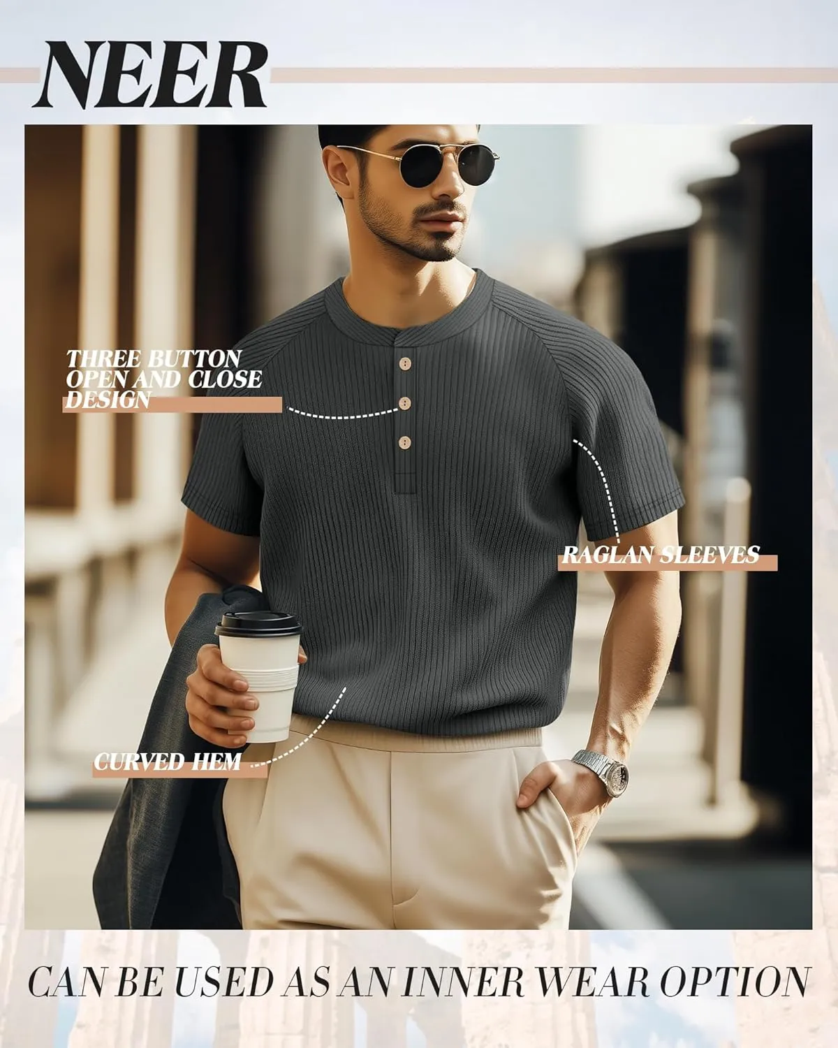 Neer 3 Pack Men's Ribbed Henley Shirts Short Sleeve Raglan Casual T-Shirts Classic Summer Button Placket Muscle Tees