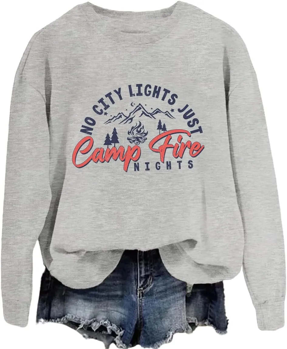 No City Lights Just Campfire Nights Sweatshirt Camping Life Sweater Camper Shirt Women Casual Campfire Pullover Tops