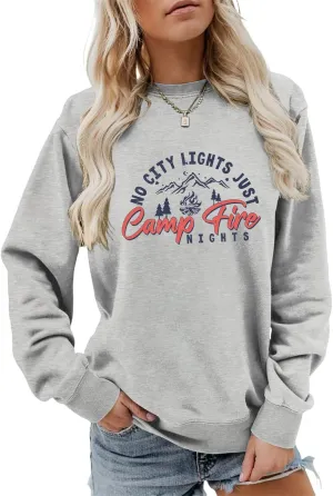 No City Lights Just Campfire Nights Sweatshirt Camping Life Sweater Camper Shirt Women Casual Campfire Pullover Tops
