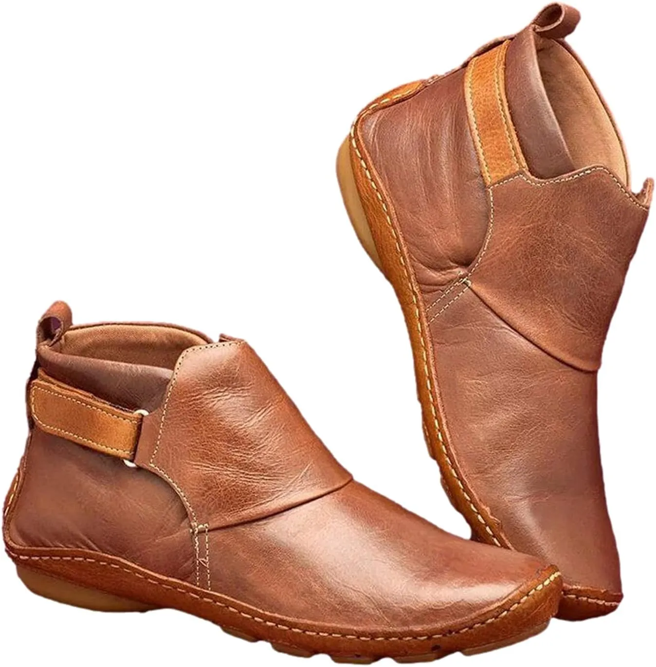 oiangi Womens Ankle Boots Fashion Buckle Strap Round Toe Low Wedge Heel Booties Retro Comfortable Casual Non-slip Riding Shoes