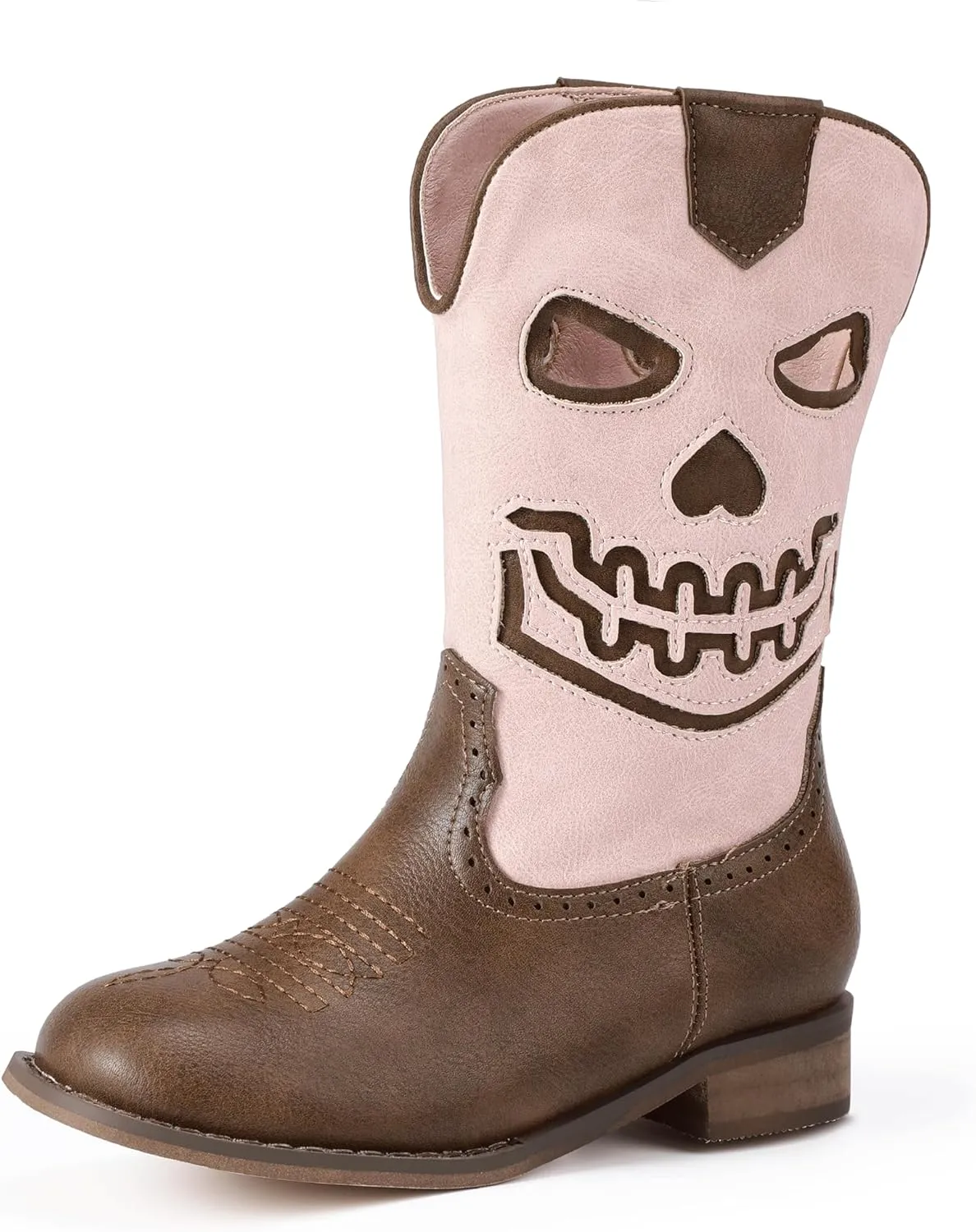 PANDANINJIA Girls Cowboy Boots For Boys Kids Toddler Western Mid Calf Cowgirl Boots Riding Shoes With Halloween Skull Element Booties