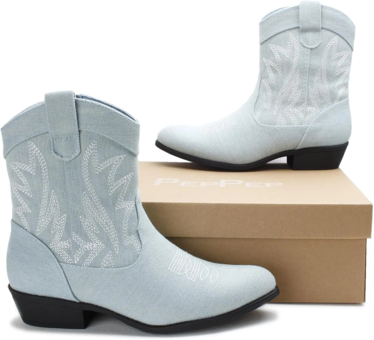PEPPEP Western Cowgirl Cowboy Ankle Boots for Women or Ladies, Mid Calf, Vegan Leather Embroidered Upper, Low Heel, Fashionable Pointed-toe, Well Made