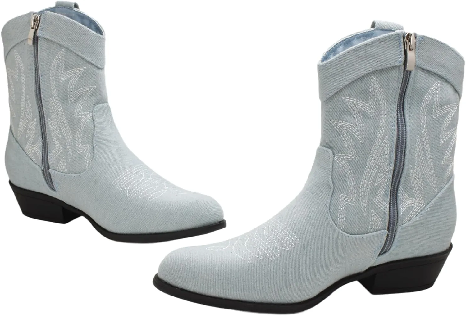 PEPPEP Western Cowgirl Cowboy Ankle Boots for Women or Ladies, Mid Calf, Vegan Leather Embroidered Upper, Low Heel, Fashionable Pointed-toe, Well Made
