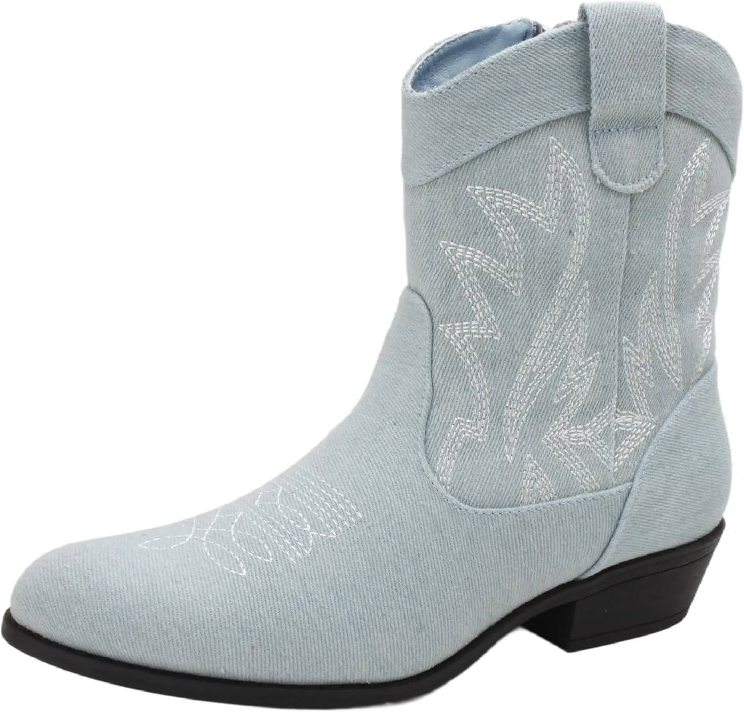 PEPPEP Western Cowgirl Cowboy Ankle Boots for Women or Ladies, Mid Calf, Vegan Leather Embroidered Upper, Low Heel, Fashionable Pointed-toe, Well Made