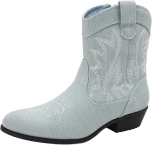 PEPPEP Western Cowgirl Cowboy Ankle Boots for Women or Ladies, Mid Calf, Vegan Leather Embroidered Upper, Low Heel, Fashionable Pointed-toe, Well Made