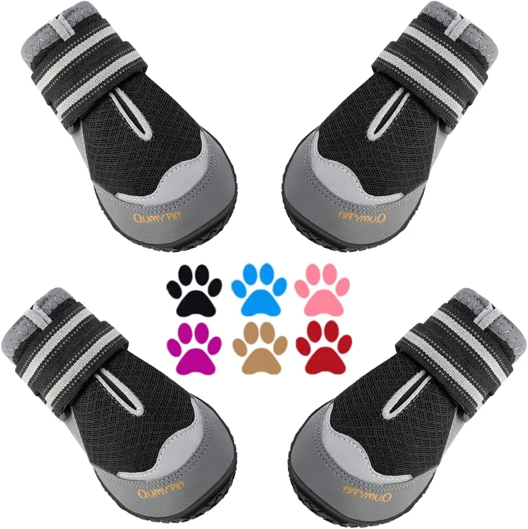 QUMY 4PCS Dog Boots for Large Dogs, Medium Dog Shoes & Paw Protectors for Hot Pavement, Summer Heat Protection, Mesh Breathable Nonslip Dog Booties for Hardfloors, Walking Running Hiking Black Size 4