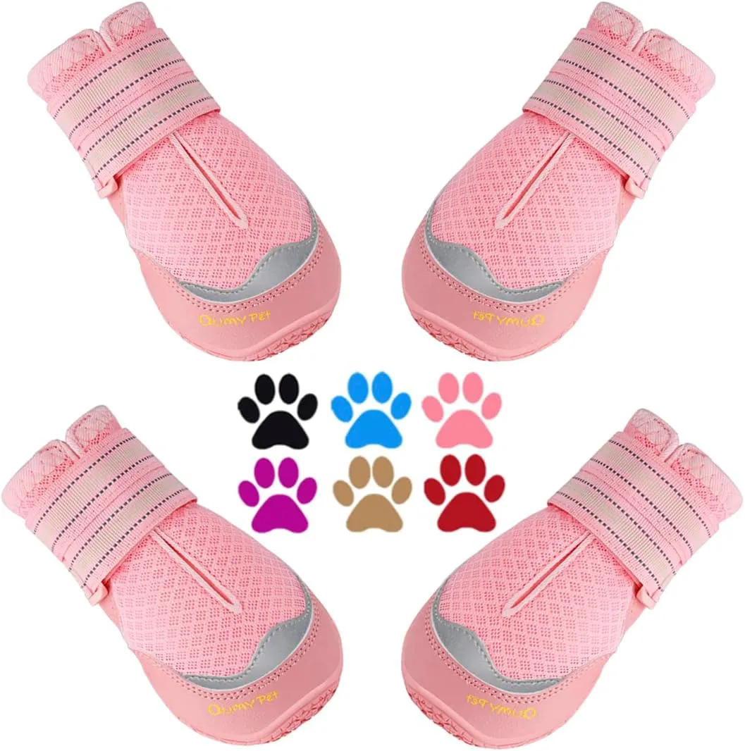 QUMY 4PCS Dog Boots for Large Dogs, Medium Dog Shoes & Paw Protectors for Hot Pavement, Summer Heat Protection, Mesh Breathable Nonslip Dog Booties for Hardfloors, Walking Running Hiking Pink Size 6