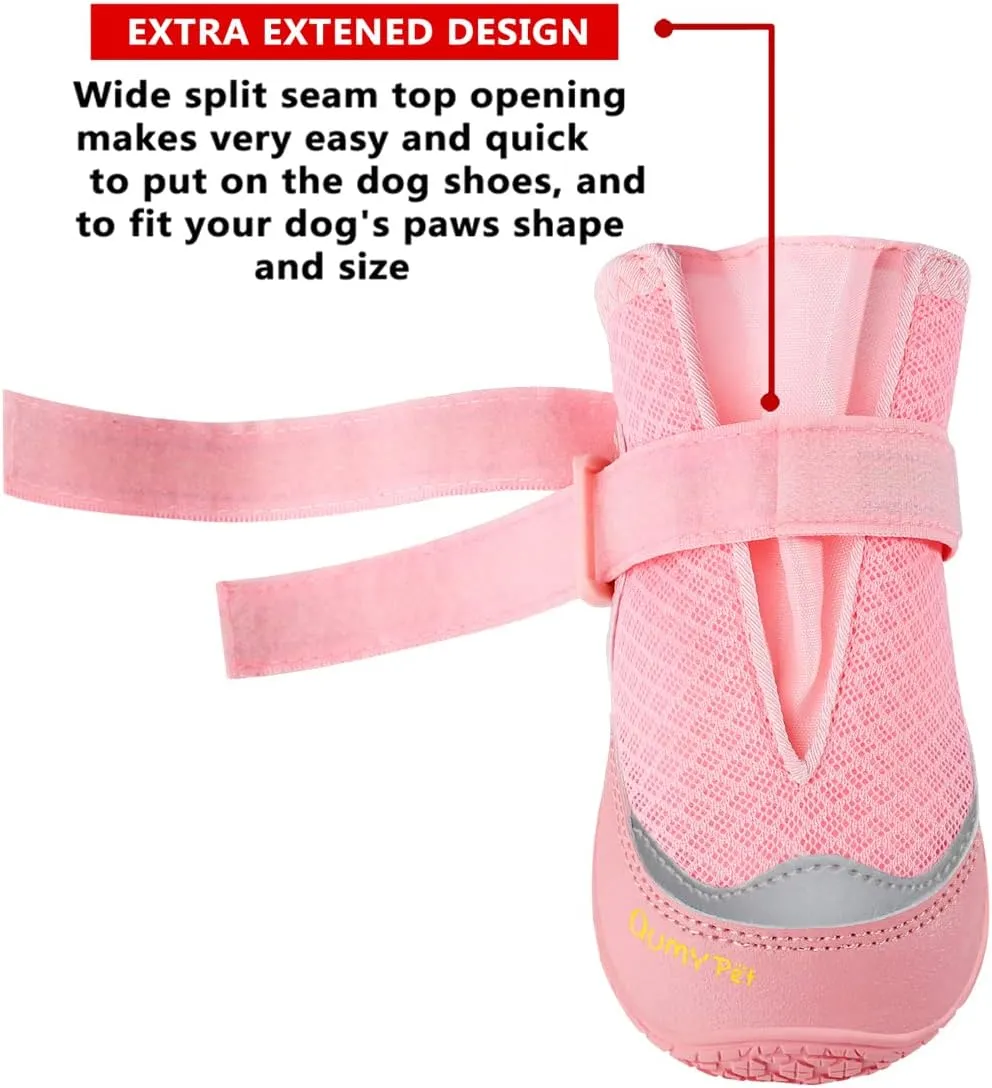 QUMY 4PCS Dog Boots for Large Dogs, Medium Dog Shoes & Paw Protectors for Hot Pavement, Summer Heat Protection, Mesh Breathable Nonslip Dog Booties for Hardfloors, Walking Running Hiking Pink Size 6