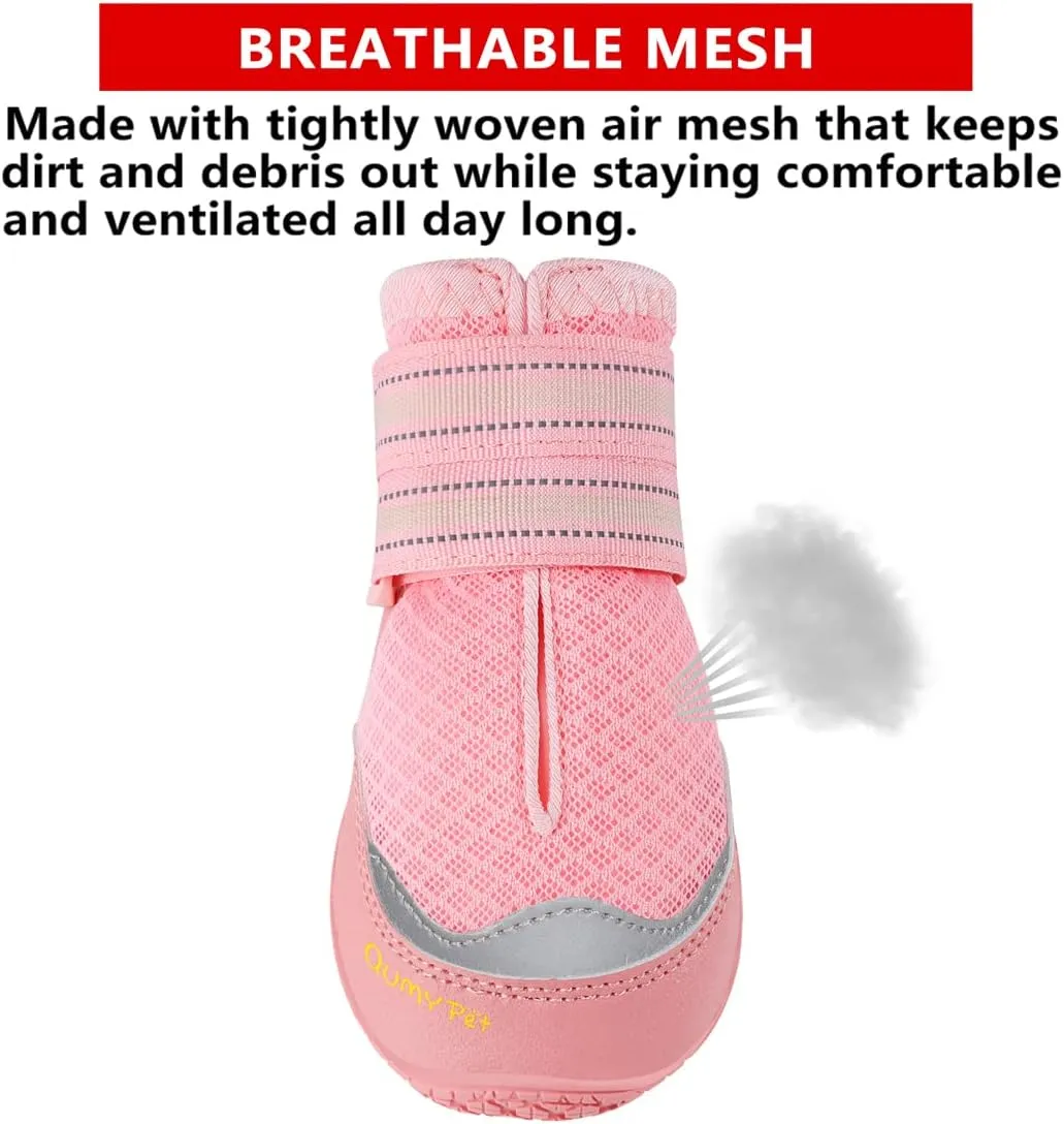 QUMY 4PCS Dog Boots for Large Dogs, Medium Dog Shoes & Paw Protectors for Hot Pavement, Summer Heat Protection, Mesh Breathable Nonslip Dog Booties for Hardfloors, Walking Running Hiking Pink Size 6