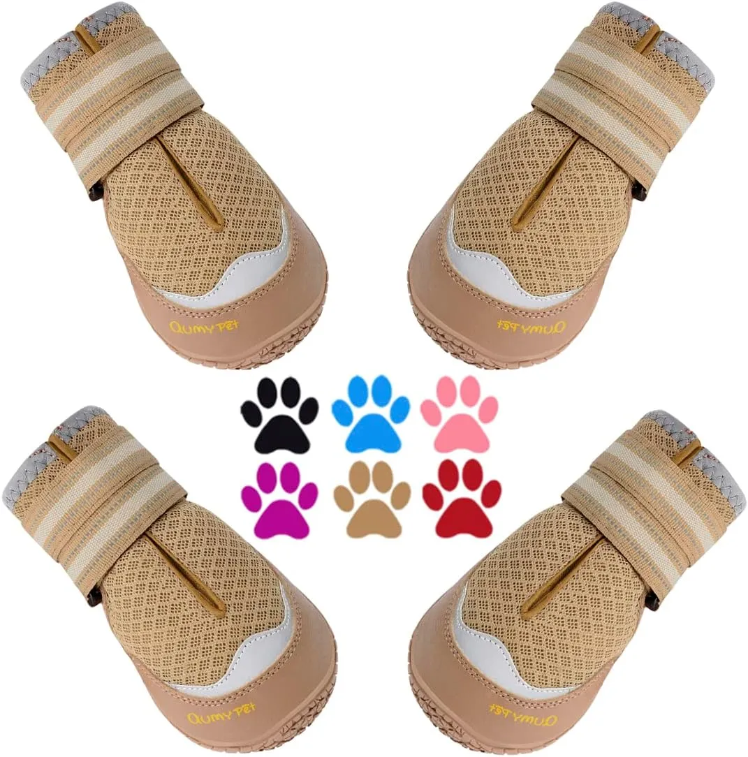 QUMY 4PCS Dog Shoes, Medium Large Dog Paw Protectors for Summer Heat Protection, Mesh Breathable Nonslip Dog Booties for Walking Running Hiking Khaki Size 3,Size 3: 2.0''x2.5''(Width*Length)