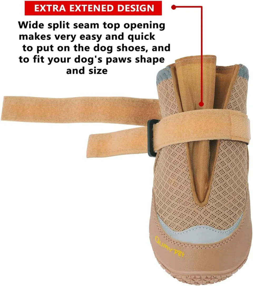 QUMY 4PCS Dog Shoes, Medium Large Dog Paw Protectors for Summer Heat Protection, Mesh Breathable Nonslip Dog Booties for Walking Running Hiking Khaki Size 3,Size 3: 2.0''x2.5''(Width*Length)