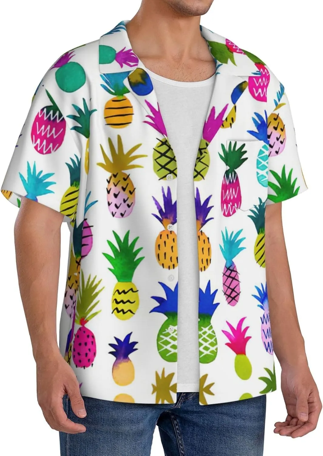 Rainbow Pineapple Printing Men's Fashion Summer Short Sleeve Button Shirt with Pocket,S-4xl Cuban Shirt Hawaiian Shirt