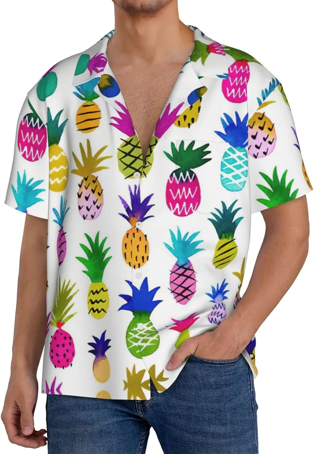 Rainbow Pineapple Printing Men's Fashion Summer Short Sleeve Button Shirt with Pocket,S-4xl Cuban Shirt Hawaiian Shirt