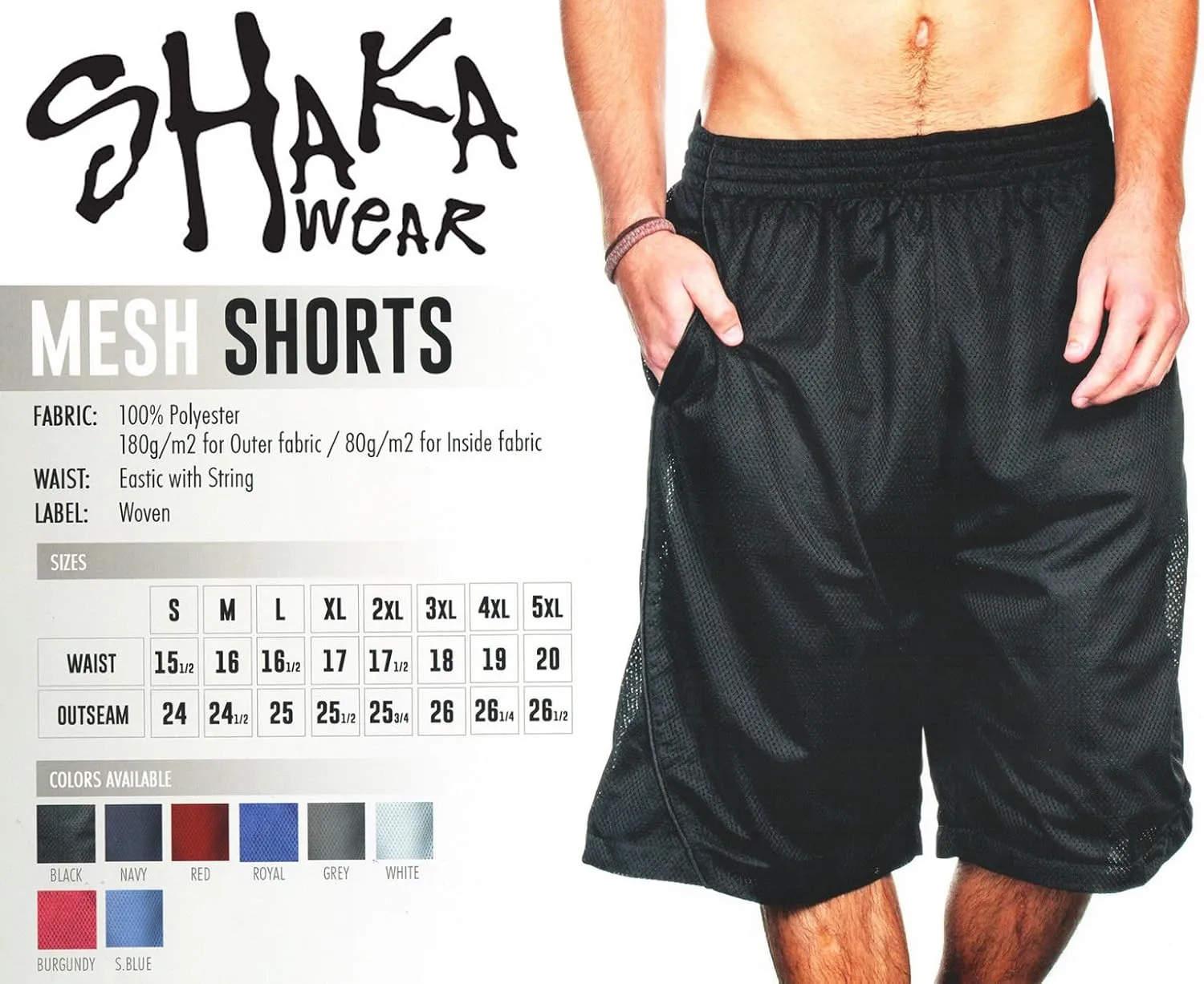 Shaka Wear Men's Basketball Shorts – Mesh Workout Gym Sports Active Running Athletic Pants with Pockets Regular Big S ~ 5XL