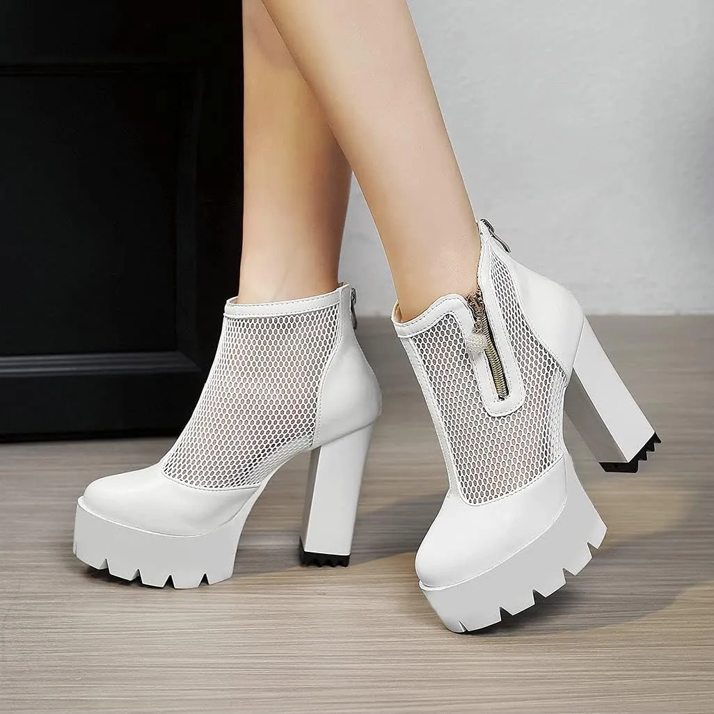 Shinelly Cutout Heeled Booties Mesh Ankle Boots Summer High Heel Platform Boots for Women