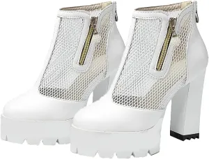 Shinelly Cutout Heeled Booties Mesh Ankle Boots Summer High Heel Platform Boots for Women