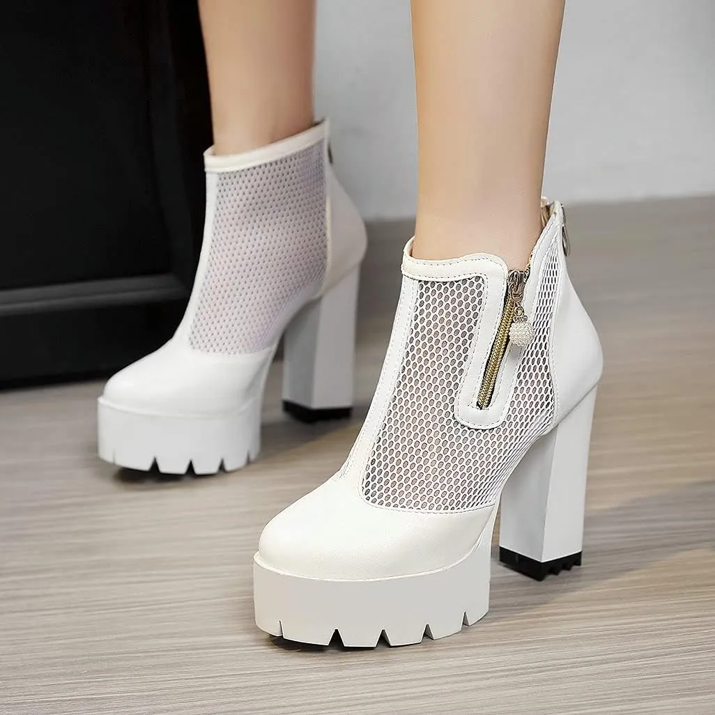 Shinelly Cutout Heeled Booties Mesh Ankle Boots Summer High Heel Platform Boots for Women