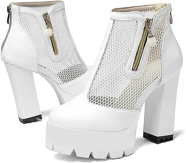 Shinelly Cutout Heeled Booties Mesh Ankle Boots Summer High Heel Platform Boots for Women