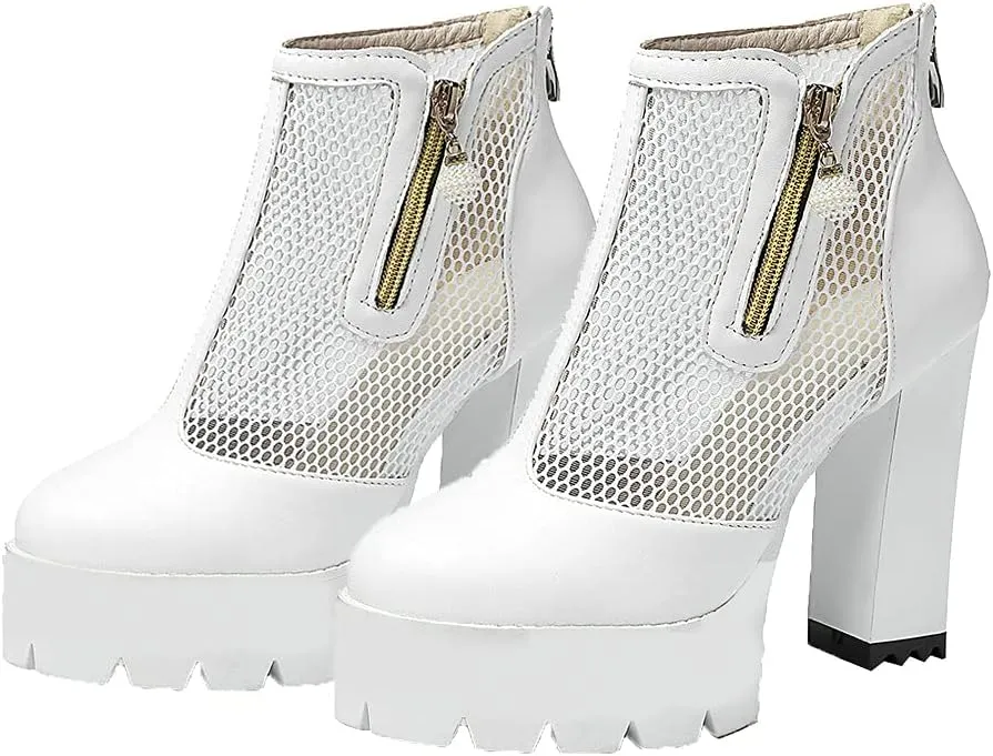 Shinelly Cutout Heeled Booties Mesh Ankle Boots Summer High Heel Platform Boots for Women